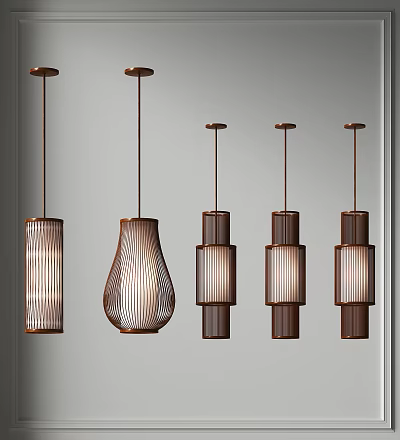 Modern Pendant Lights With Curved And Square Glass Metal Shades In Brown Copper Tones 3d model