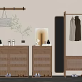 Modern Entryway Cabinet and Side Cabinet with Wicker Doors Coat Rack Mirror and Decorative Vases