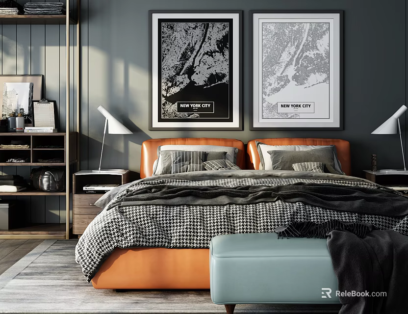 Modern Bedroom Interior Featuring Double Bed With Orange Headboard Checkered Bedding And Wall Art 3d model 