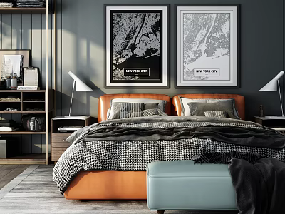 Modern Bedroom Interior Featuring Double Bed With Orange Headboard Checkered Bedding And Wall Art 3d model