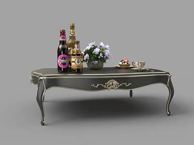 Elegant Black Coffee Table With Gold Accents Bottles Purple Flowers And Snack Plate 3d model