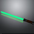Glowing Green Lightsaber with Brown Hilt and Metal Accents on Gray Background with Reflection