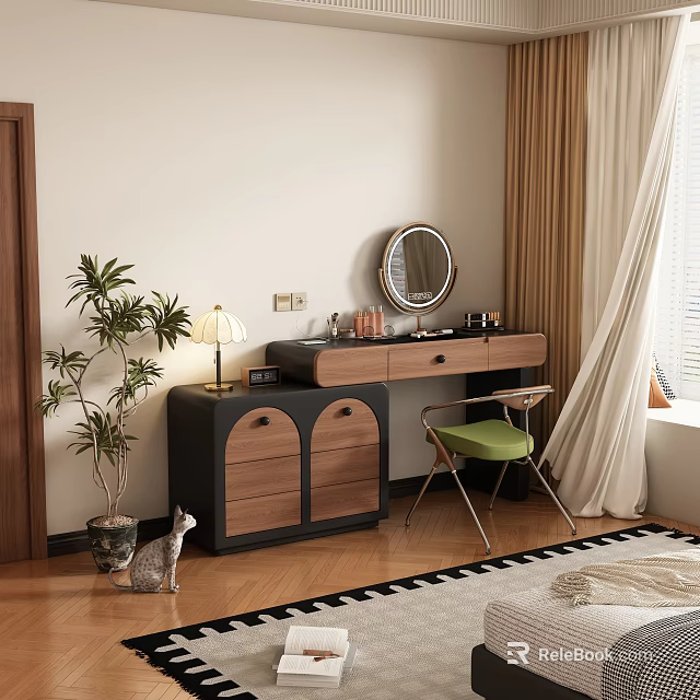 Modern Wooden Dressing Table With Round Mirror Lamp Green Chair Potted Plant And Geometric Rug 3d model 