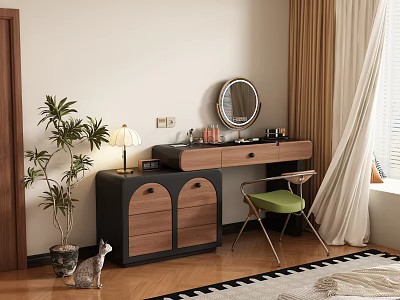 Modern Wooden Dressing Table With Round Mirror Lamp Green Chair Potted Plant And Geometric Rug 3d model
