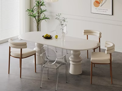 Modern Dining Table Set with Oval White Top Cylindrical Legs Wooden Chairs Transparent Acrylic Chair 3d model