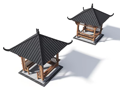 Traditional Chinese Pavilions With Black Tiled Roofs And Wooden Railings 3d model