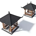 Traditional Chinese Pavilions With Black Tiled Roofs And Wooden Railings