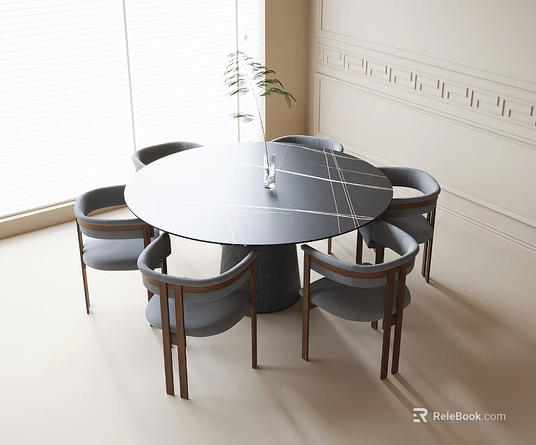 Modern Dining Table and Chairs Set Round Black Tabletop Six Gray Chairs Wooden Armrests Legs 3d model 