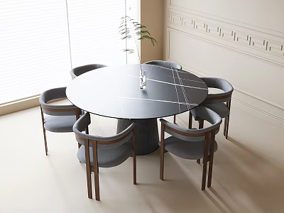 Modern Dining Table and Chairs Set Round Black Tabletop Six Gray Chairs Wooden Armrests Legs 3d model