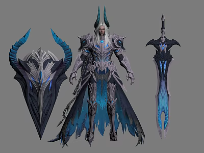 Mythical Armored Man With Horned Shield And Blue Accented Sword 3d model