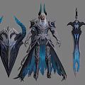 Mythical Armored Man With Horned Shield And Blue Accented Sword
