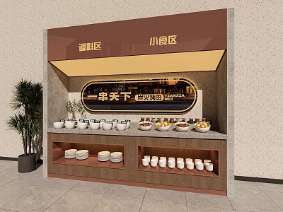 Service Area Snack And Condiment Counter With Food Dishes And Seasoning Bottles 3d model