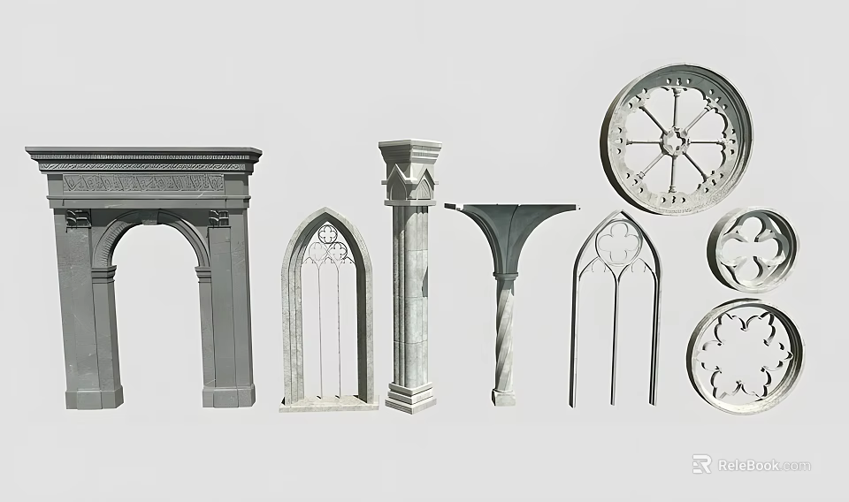 Gothic Architectural Elements Including Arches Columns Window Frames And Circular Ornaments 3d model
