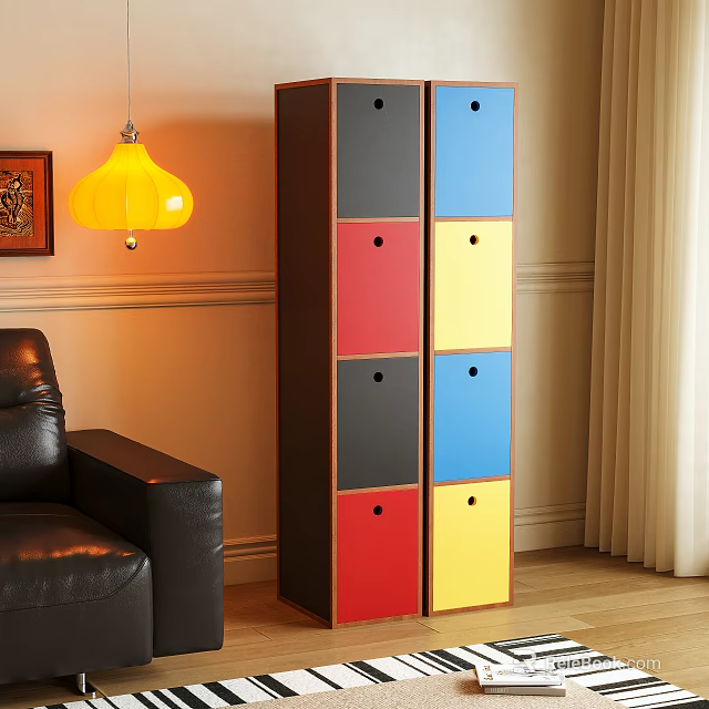 Colorful Storage Cabinet Living Room Interior With Multiple Colored Drawers Wooden Floor And Leather Sofa 3d model 
