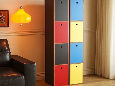 Colorful Storage Cabinet Living Room Interior With Multiple Colored Drawers Wooden Floor And Leather Sofa 3d model