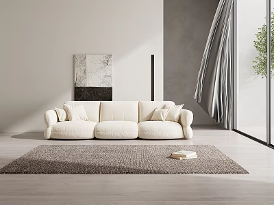 Beige Three-Seater Sofa With Throw Pillows Gray Rug Wall Art And Window View In Bright Room 3d model