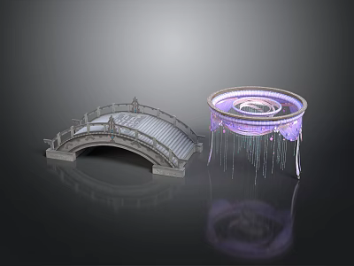 Gray Stone Arch Bridge And Circular Building Models With Purple Lighting 3d model