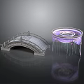 Gray Stone Arch Bridge And Circular Building Models With Purple Lighting