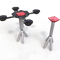Industrial Mechanical Components With Tripod Stands Red Tops And Circular Parts