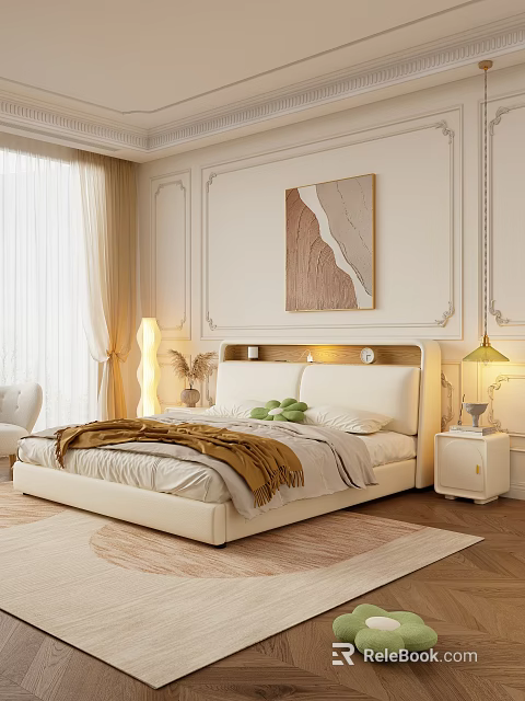 Modern Double Bed with LED Headboard Lights Cozy Blanket and Wall Art Painting 3d model 