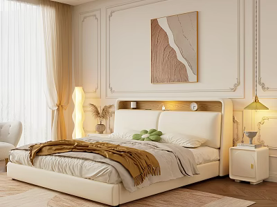 Modern Double Bed with LED Headboard Lights Cozy Blanket and Wall Art Painting 3d model