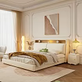 Modern Double Bed with LED Headboard Lights Cozy Blanket and Wall Art Painting