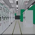 Server Room Featuring Multiple Racks Orange Walls Black Ceiling White Floor Long Strip Lights 3d model