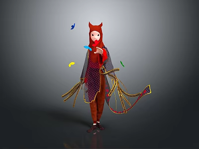 Red Decorative Figure With Horns Colorful Ribbons Feathers And Butterflies For Home Decoration 3d model