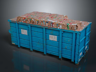 Blue Dumpster Filled With Stacked Recycled Paper And Cardboard Materials 3d model