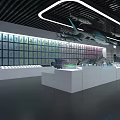 Modern Museum Exhibit Hall Interior With Display Cases Models Lighting And Wall Exhibits