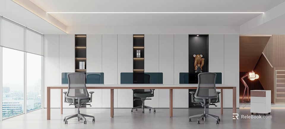 Modern Conference Room Interior With Long Wooden Table Ergonomic Chairs White Cabinets And Decorative Artwork 3d model 