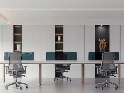 Modern Conference Room Interior With Long Wooden Table Ergonomic Chairs White Cabinets And Decorative Artwork 3d model