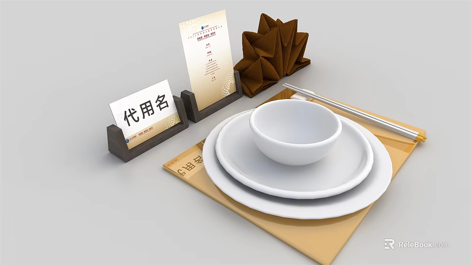 Stylish Tableware Set With White Bowl Plates Chopsticks Folded Napkin And Name Card 3d model 
