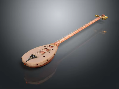 Traditional Wooden String Instrument With Long Neck Circular Body And Tuning Pegs 3d model
