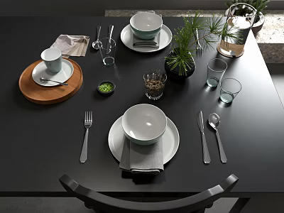 Elegant Tableware Set With Bowls Plates Cutlery And Glassware On Black Dining Table 3d model