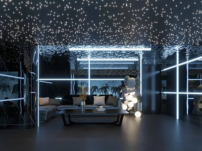 Stylish Home Theater Room With Starry Ceiling LED Strip Lights Mirrored Walls And Sofa 3d model