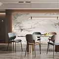 Elegant Modern Restaurant Interior With Marble Wall Dining Table Chairs Pendant Light And Greenery