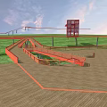 Curved Wooden Walkway With Red Borders On Green Grass Road Infrastructure With Red Tower