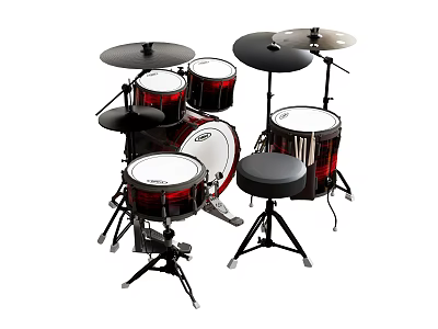 Professional Electronic Drum Kit With Multiple Drums Cymbals And Red Black Stool For Entertainment 3d model
