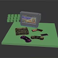 Retro Gaming Setup With Old TV Game Console Controllers Cartridges And Green Blocks
