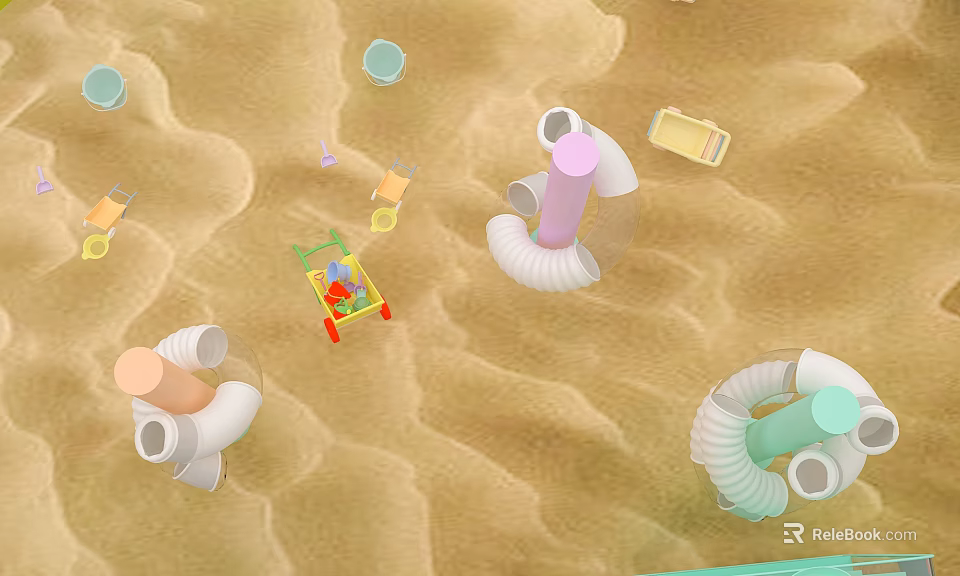 Cute Doll in Red Cart on Sandy Beach with Colorful Inflatable Rings and Beach Toys 3d model 