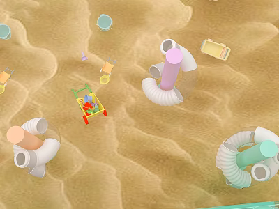 Cute Doll in Red Cart on Sandy Beach with Colorful Inflatable Rings and Beach Toys 3d model