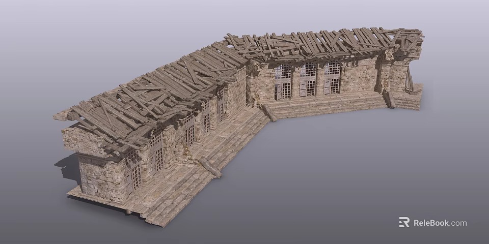 Ancient Stone Building With Wooden Beam Roof Stone Walls Windows And Steps 3d model 