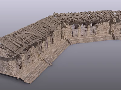 Ancient Stone Building With Wooden Beam Roof Stone Walls Windows And Steps 3d model