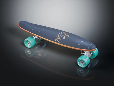 Stylish Dark Blue Skateboard With Teal Wheels And Gold Signature Design 3d model