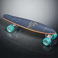 Stylish Dark Blue Skateboard With Teal Wheels And Gold Signature Design 3d model