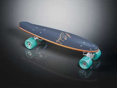 Stylish Dark Blue Skateboard With Teal Wheels And Gold Signature Design 3d model