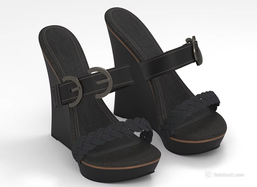 Stylish Black Denim Wedge Sandals With Braided Details And Buckle Straps 3d model 