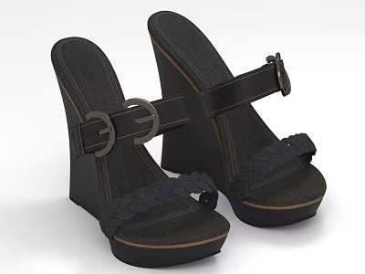 Stylish Black Denim Wedge Sandals With Braided Details And Buckle Straps 3d model