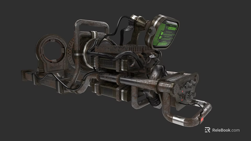 Futuristic Sci Fi Weapon With Metallic Structure Mechanical Components And Green Display Screen 3d model 